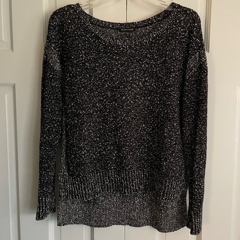 Eileen Fisher Drop Sleeve High-Lo Knit Tweed Sweater w/Slits, 100% Cotton, EUC